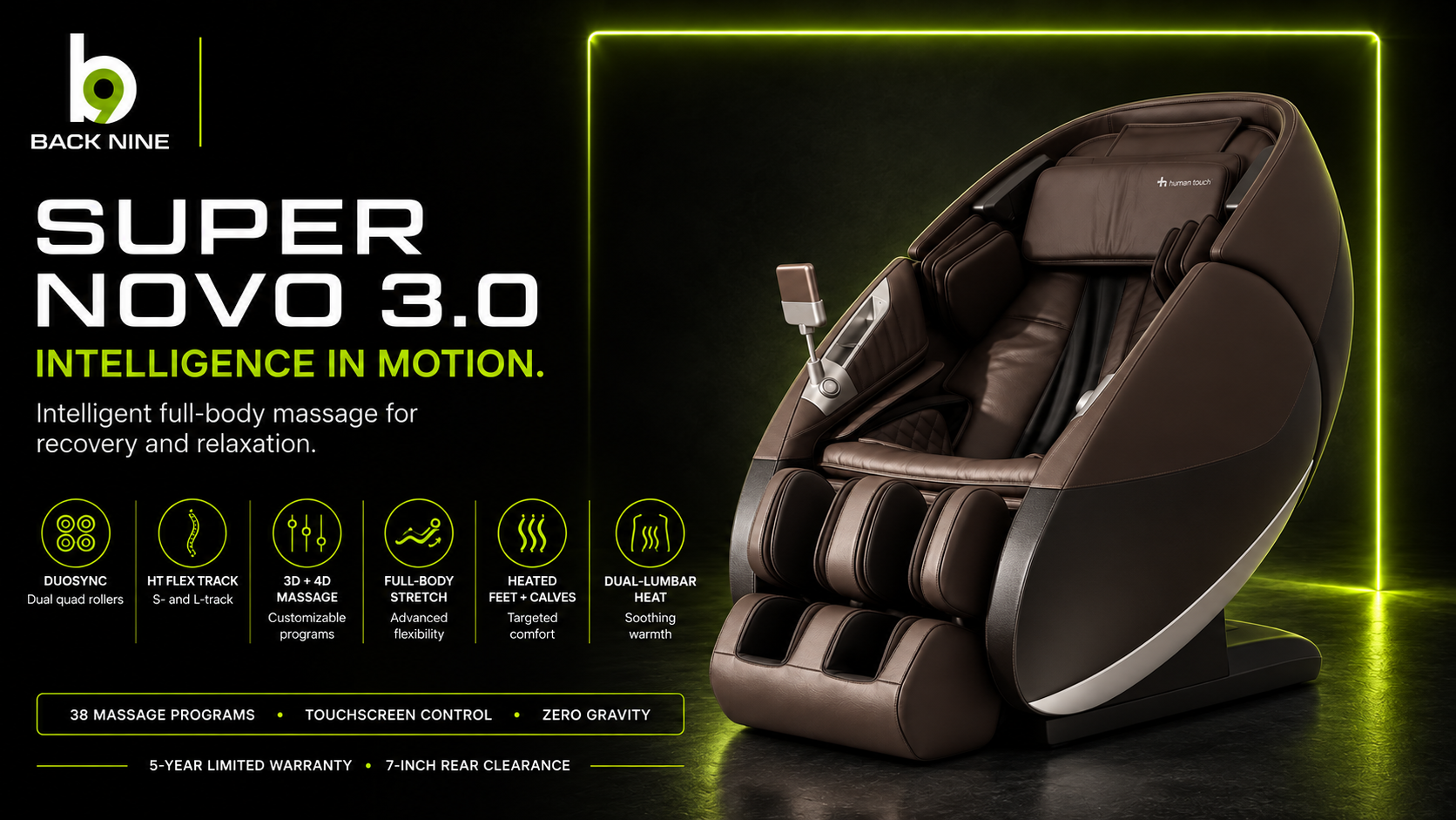Back9 Super Novo 3.0 massage chair one-pager highlighting DuoSync rollers, HT Flex Track, 3D + 4D massage, full-body stretch, heated feet and calves, and dual-lumbar heat
