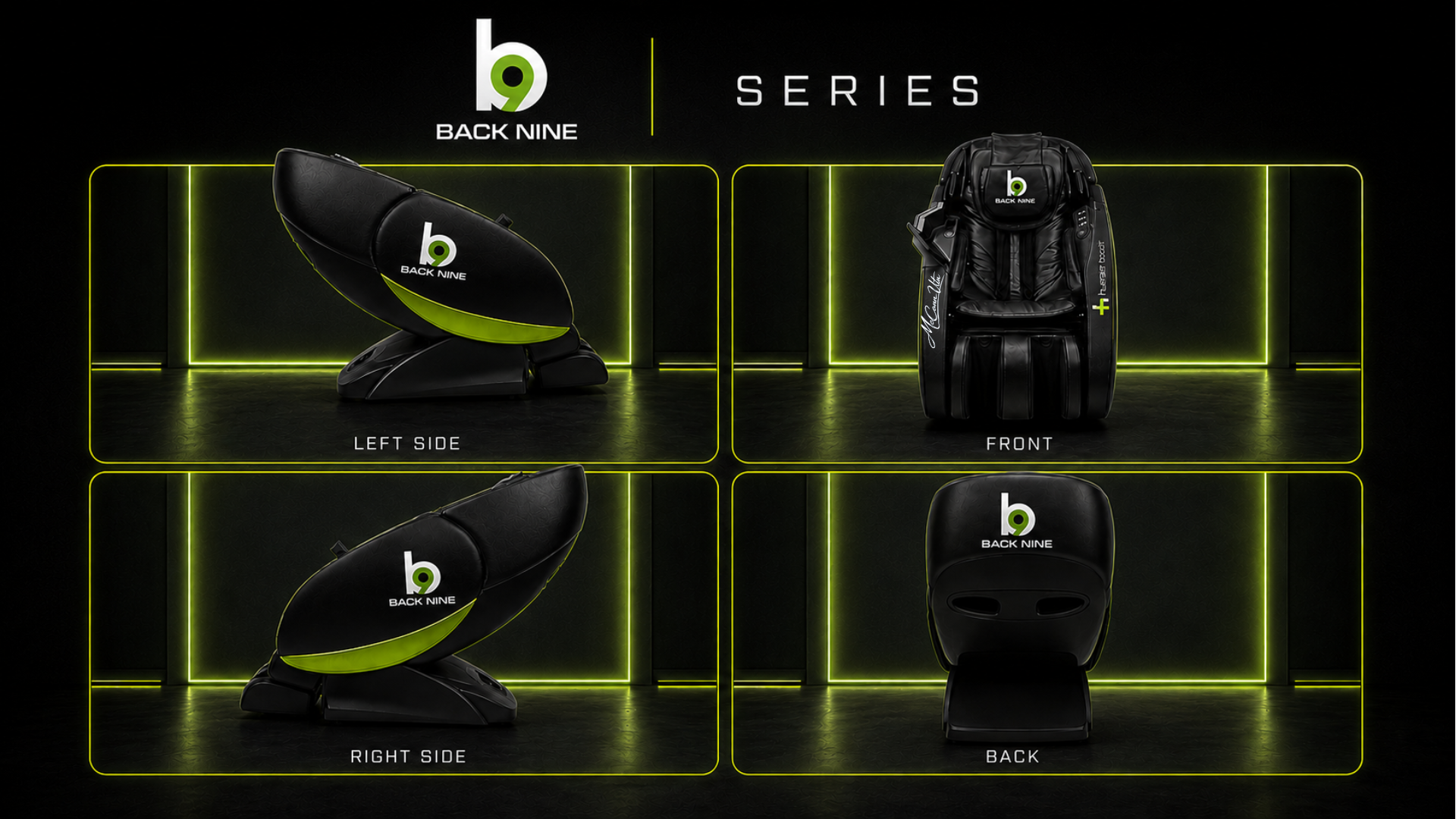 Back Nine Signature Series massage chair composite showing left side, front, right side, and back views with lime accent lighting