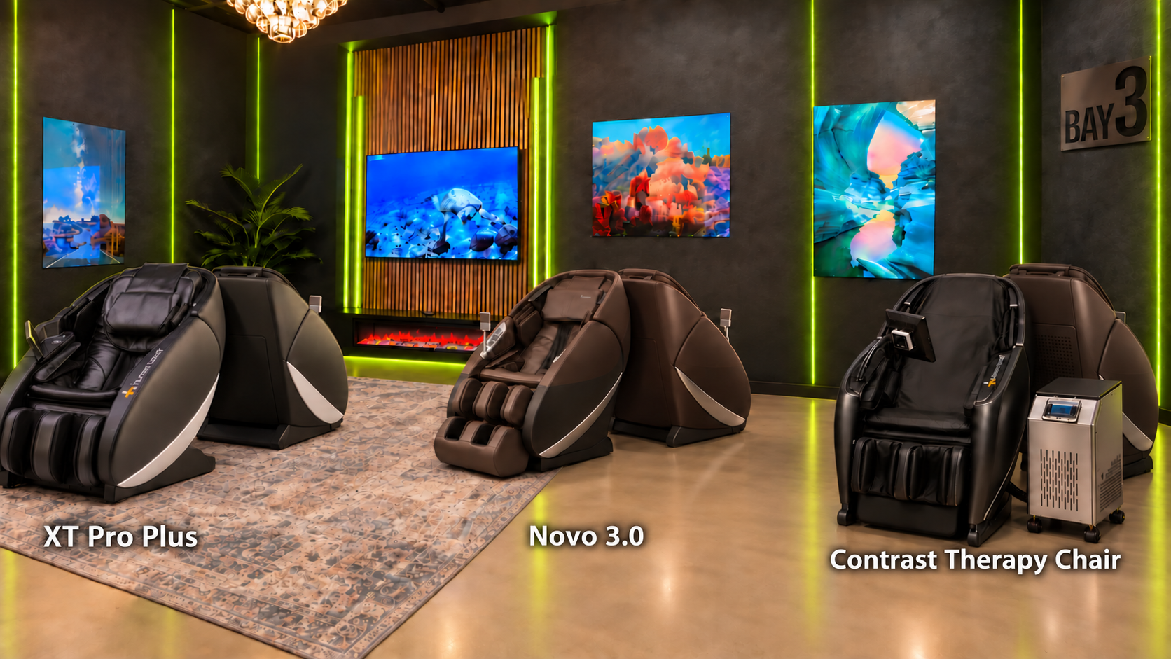Back Nine recovery suite with XT Pro Plus, Novo 3.0, and Contrast Therapy massage chairs under neon lime accent lighting