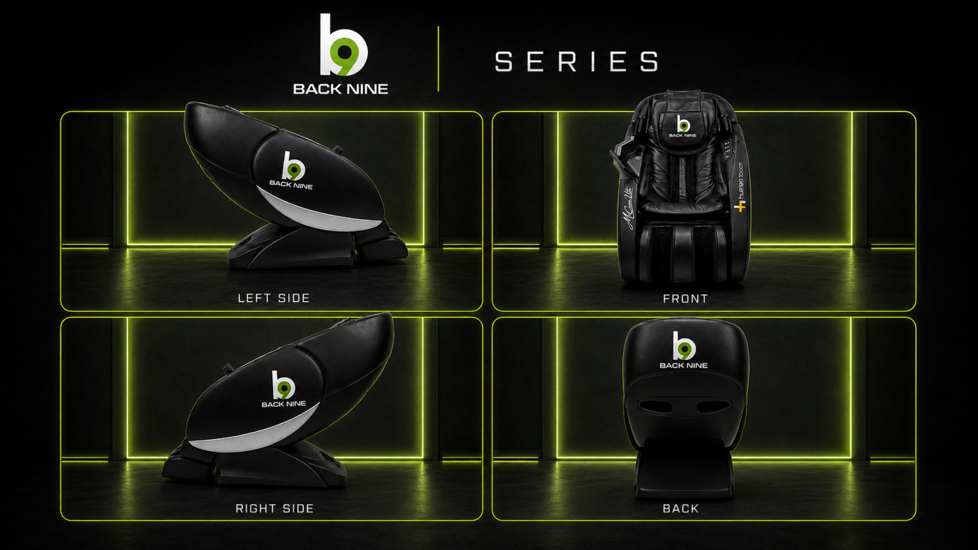 Back Nine Signature Series massage chair composite showing left side, front, right side, and back views with lime accent lighting