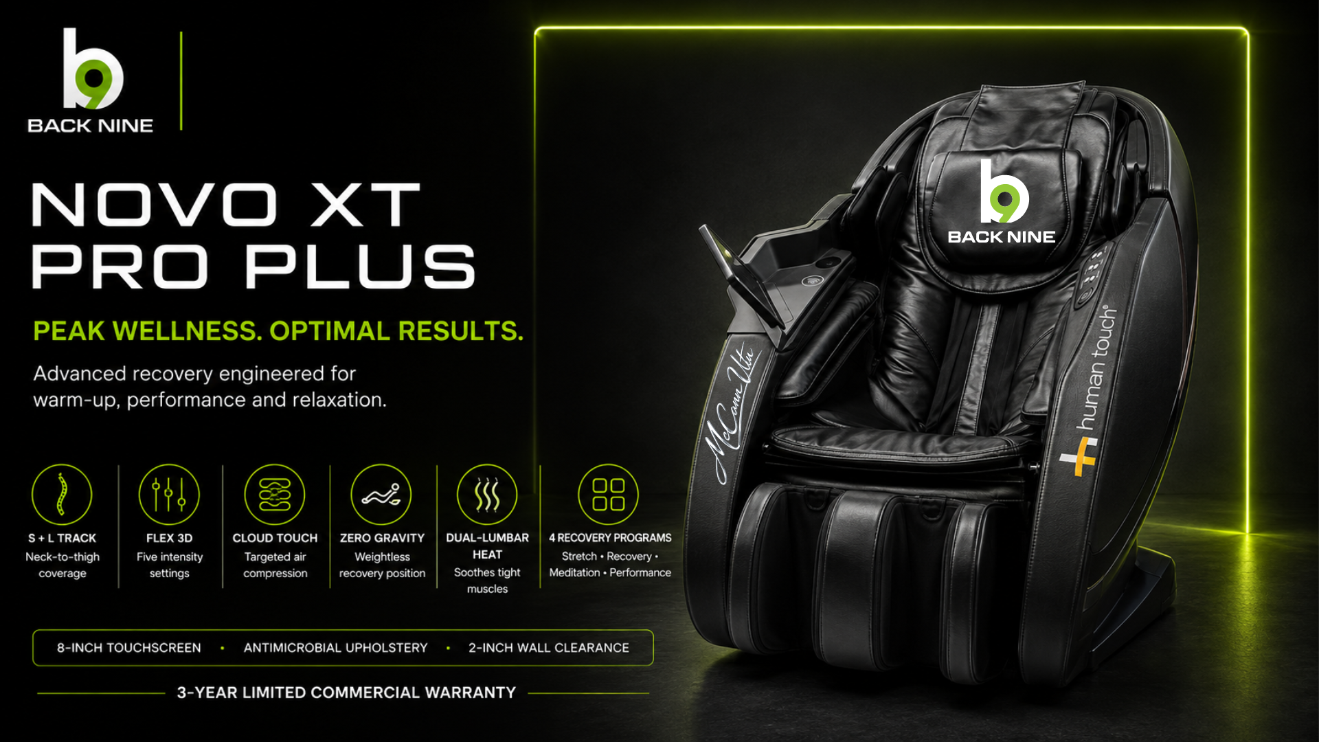 Back9 Novo XT Pro Plus massage chair one-pager with feature callouts and lime accent lighting