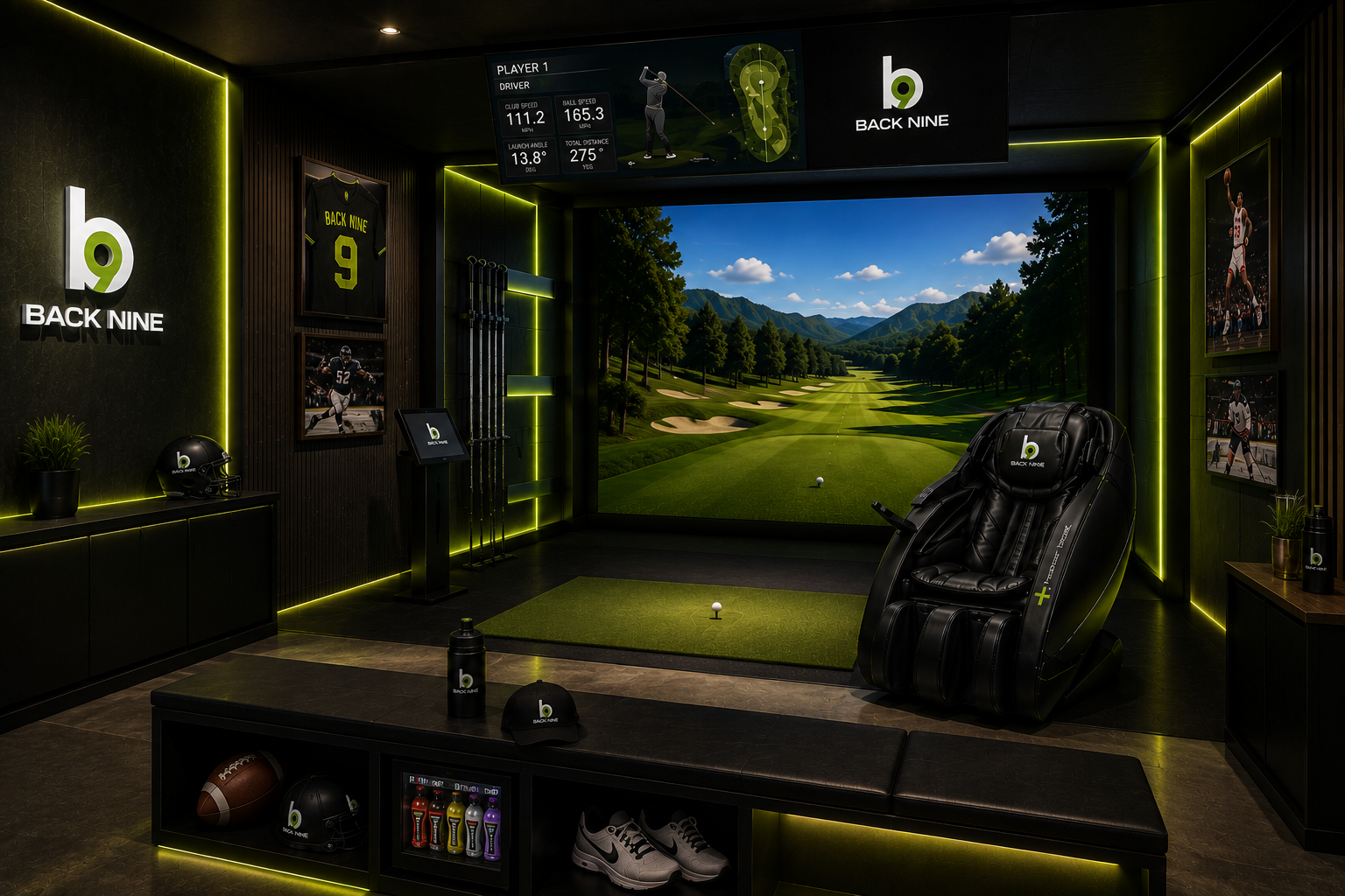 Back Nine golf simulator and recovery room with black massage chair, neon lime accent lighting, and large golf simulator screen